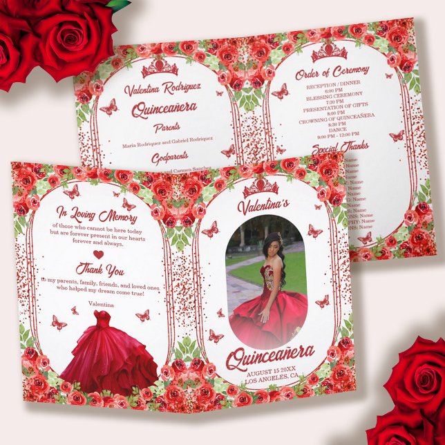 Programa Foto Espanhola Red Glitter Floral Quinceanera (Spanish Photo Red Glitter Floral Quinceanera Program)