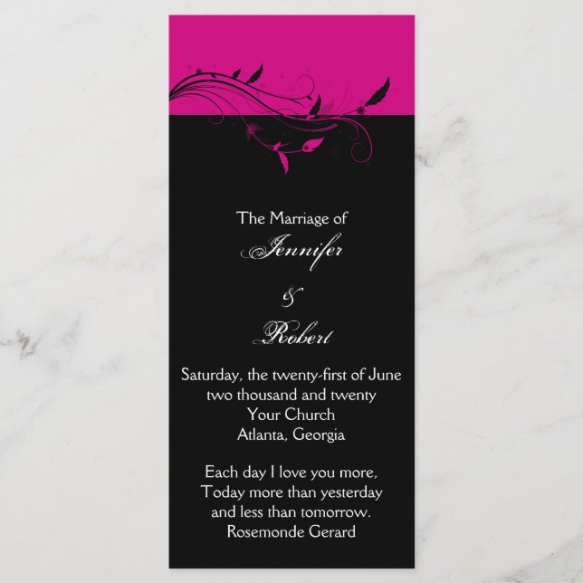 Programa Fuchsia e Black Floral Filigree Weding Program (Frente)
