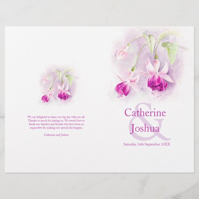 Programa Fuchsia watercolor roxo, rosa Casamento (Frente)