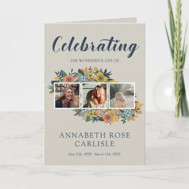 Programa Funeral de Colagem de Fotos Floral Amarelo (Frente)