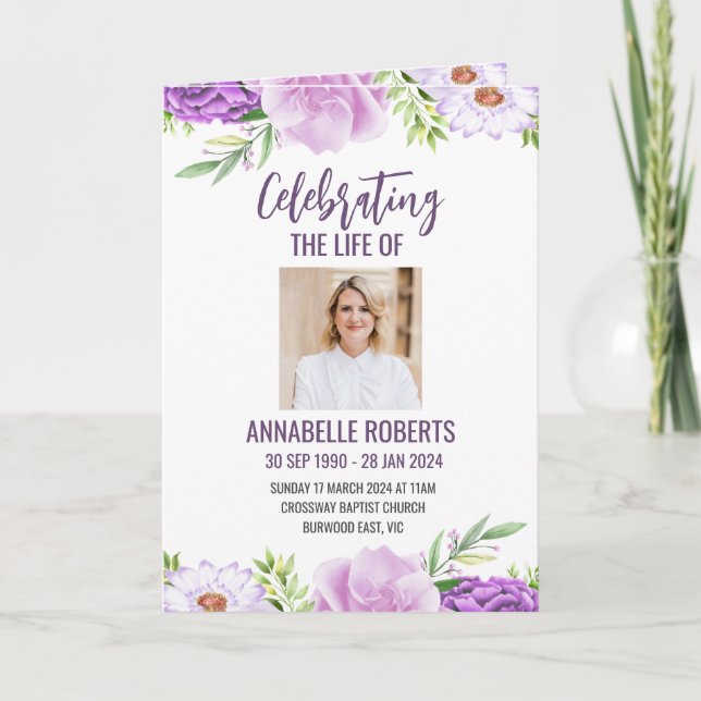 Programa Funeral - Design de Flores Roxas e Rosa (Frente)