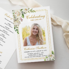 Programa Funeral Memorial de Foto Floral Branca Elegante