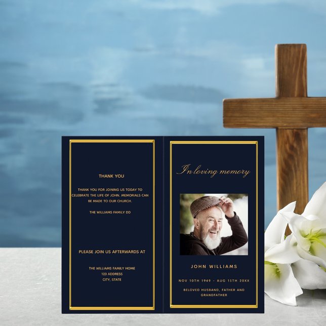 Programa funerário elegante com foto de ouro azul (Criador carregado)