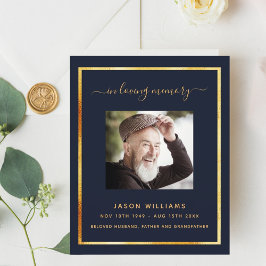 Programa funerário elegante com foto de ouro azul