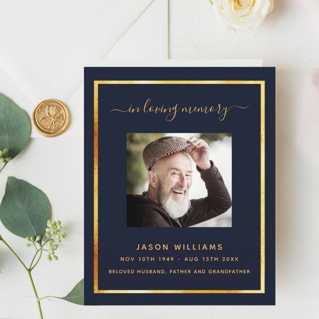 Programa funerário elegante com foto de ouro azul (Criador carregado)