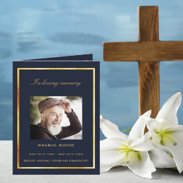 Programa funerário elegante com foto de ouro azul