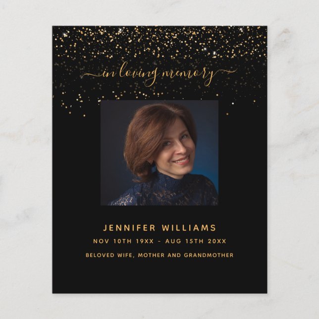 Programa funerário elegante de foto dourada negra (Frente)