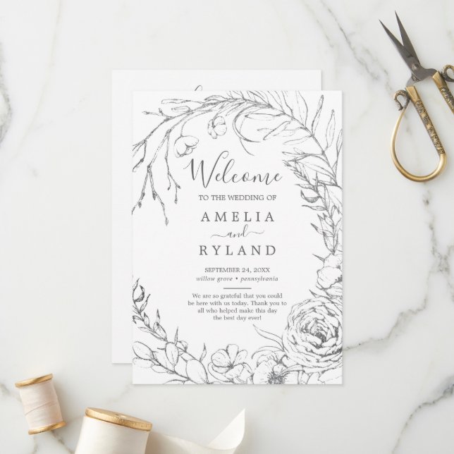 Programa Gilded Floral Wreath | Casamento prateado e branco (Frente/Verso In Situ)
