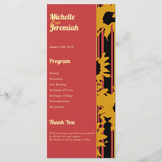 Programa Girassol Verão Dourado Vermelho Casamento (Frente)