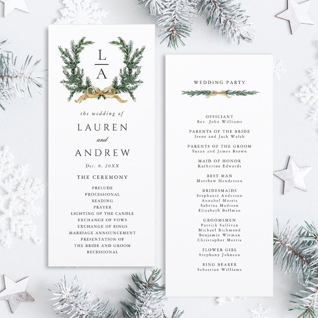 Programa Gold Bow & Green Garland Wedding Ceremony Program (Front & Back)