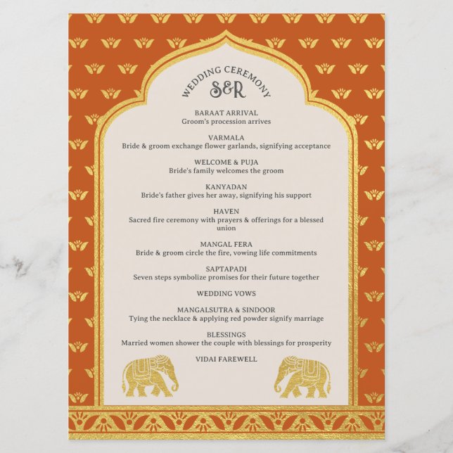 Programa Gold Elephant Indian & Hindu Wedding Program Card (Frente)