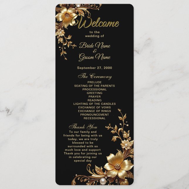 Programa Golden Floral Ornate Frame Wedding Program (Frente)
