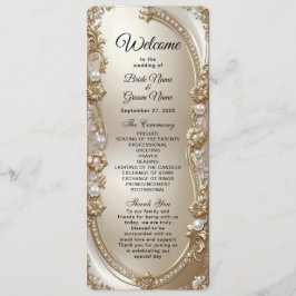 Programa Golden Ornate Frame with Pearls Wedding Program