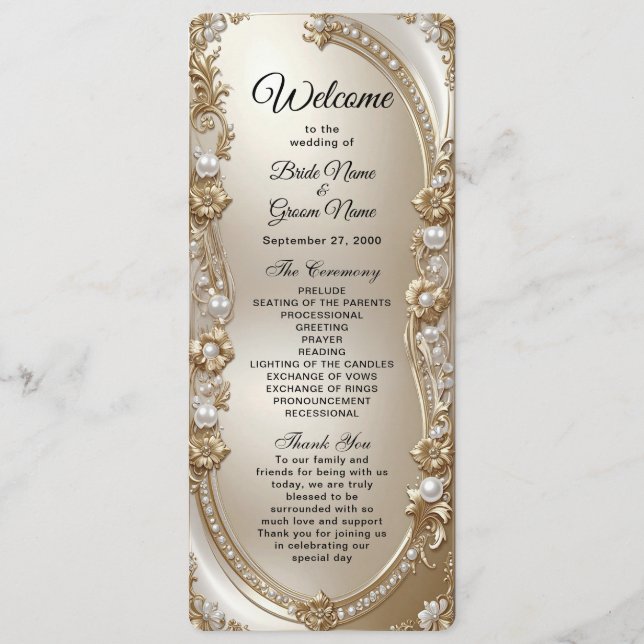 Programa Golden Ornate Frame with Pearls Wedding Program (Frente)