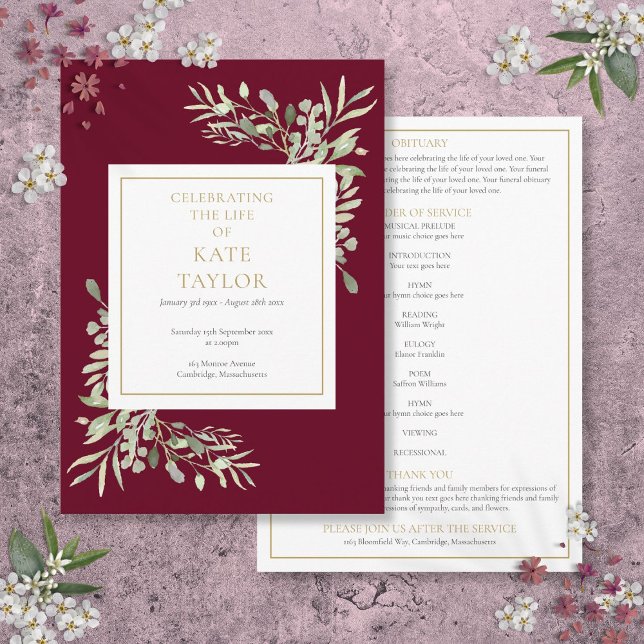 Programa Greenery Foliage Ordem de Serviço Memorial Funeral (Greenery Foliage Funeral Memorial Order Of Service Program)