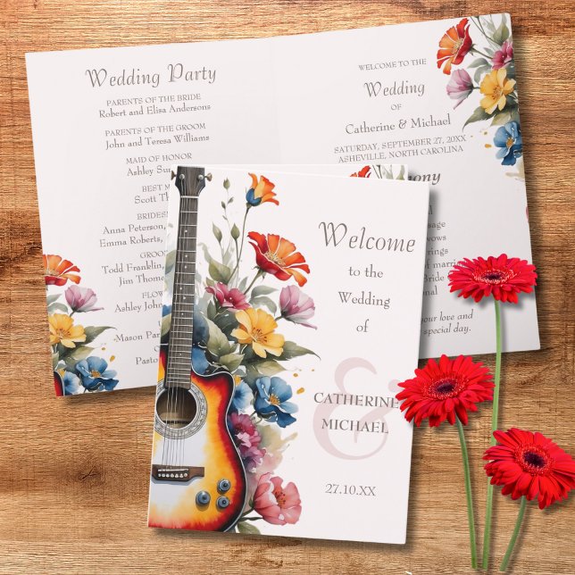 Programa Guitar Flores Silvestres Musical Casamento Country (Flat lay musical concert country rustic vibe botanical cottage garden Wedding Program)