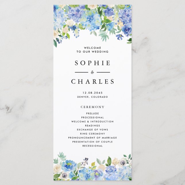 Programa Hortênsia Floral em Azul Aquarela para Casamento (Frente)