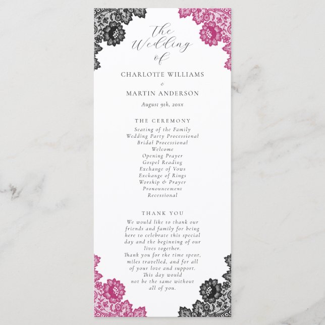 Programa Hot Pink and Black Floral Lace Wedding (Frente)
