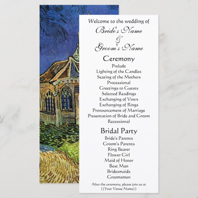 Programa Igreja em Auvers de Vincent van Gogh Casamento (Frente/Verso)