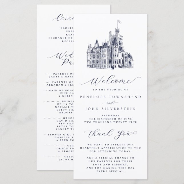 Programa Ilustração de Casamento de Castelo Vintage Elegant (Frente/Verso)