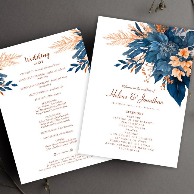 Programa Indigo Rust Modern Floral Boho Elegante Casamento (Indigo Rust Modern Floral Boho Elegant Wedding Program)