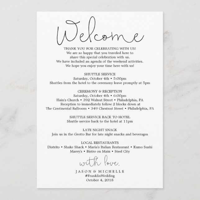 Programa Itinerário de Casamento de Script de Mão - Boas-vi (Frente)