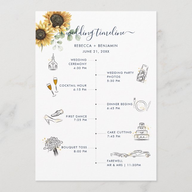Programa Itinerário de Casamento Floral de Girassol em Aqua (Frente)