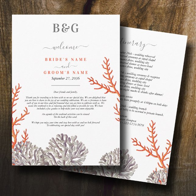 Programa Itinerário de Casamento Moderno da Praia de Coral  (Coral Watercolor Beach Modern Wedding Itinerary Program)