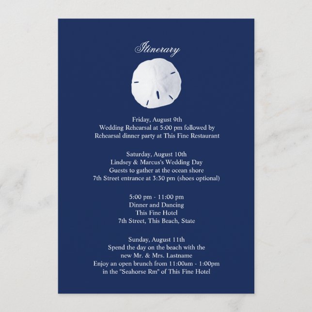 Programa Itinerário de casamento Navy Blue Sand Dollar (Frente)