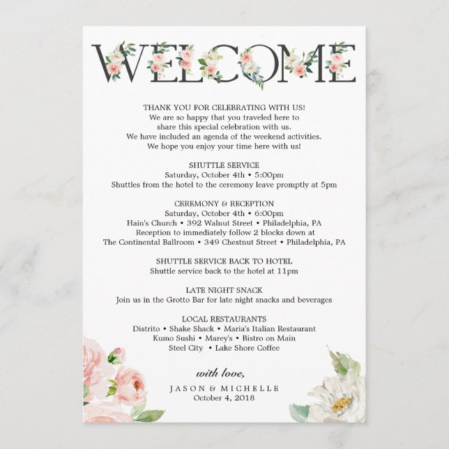 Programa Itinerário do Casamento - Boas-vindas do Casamento (Frente)