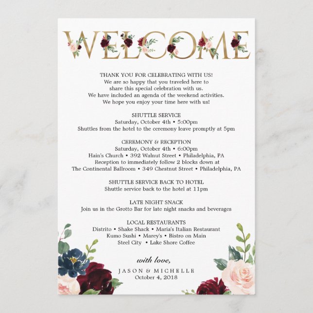 Programa Itinerário do Casamento Burgundy - Bachelorette Be (Frente)