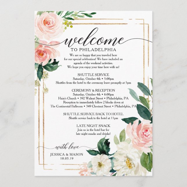 Programa Itinerário do Casamento Floral Blush - Boas-vindas (Frente)