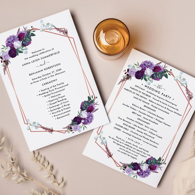 Programa Itinerário para Casamento Moderno Floral (Purple Floral Wedding Program and Itinerary)