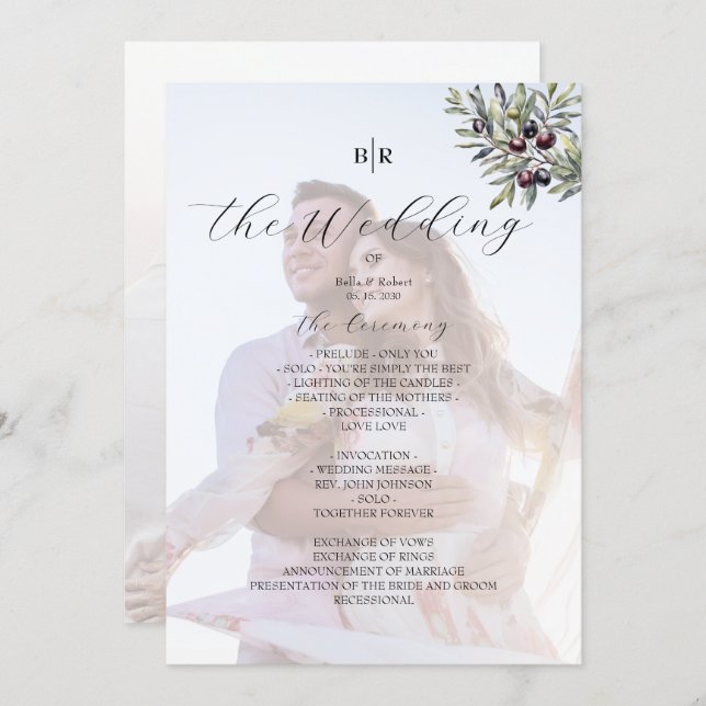 Programa Ivory Olive Monogram Photo Wedding Program (Frente/Verso)