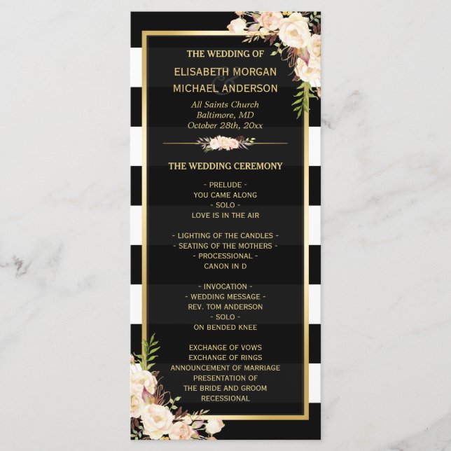 Programa Ivory White Floral B&W Striped Weding Program (Frente)