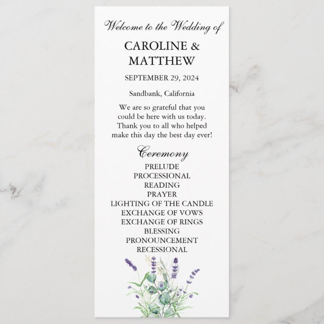 Programa Lavanda Eucalyptus Purple Floral Sage Casamento (Frente)
