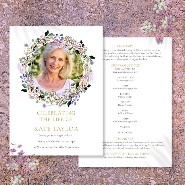 Programa Lavanda Floral Foto Funeral Ordem De Serviço (Lavender Floral Photo Funeral Order Of Service Program)