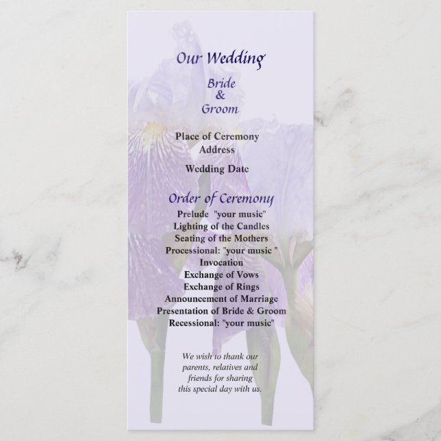 Programa lavanda Iris de Casamento de Casais (Frente)