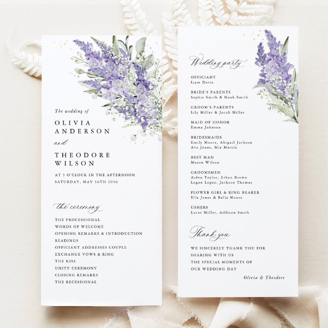 Programa Lavender & Sage Green Floral Wedding Ceremony (Lavender sage green floral wedding program cards with ceremony order and wedding party, watercolor)