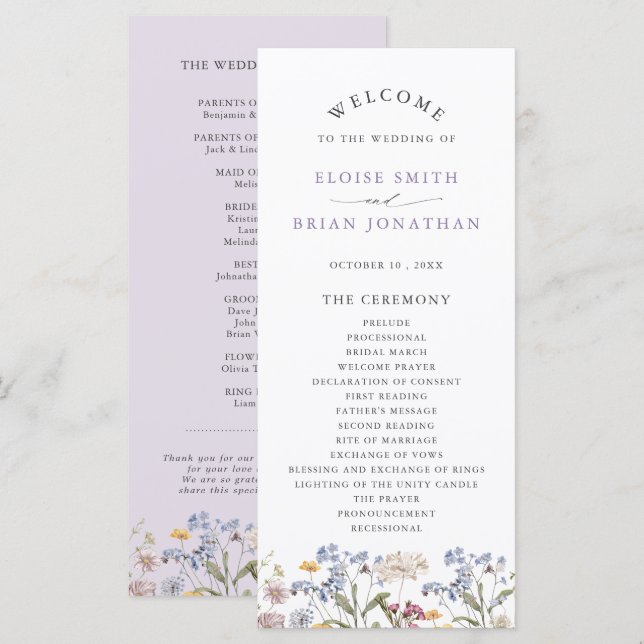 Programa Lavender Spring Wildflower Meadow Garden Wedding  (Frente/Verso)