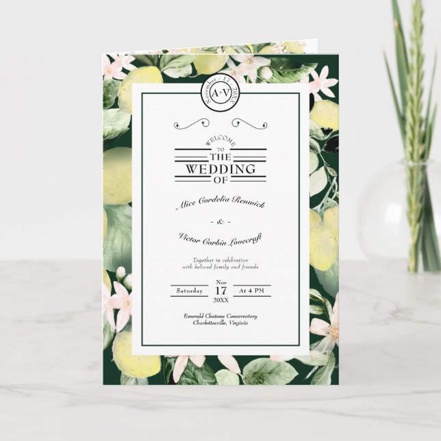 Programa Lemon Floral Monograma Emerald Green Casamento dob (Frente)
