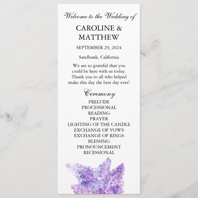 Programa Lilac Purple Floral Elegant Modern Wedding  (Frente)