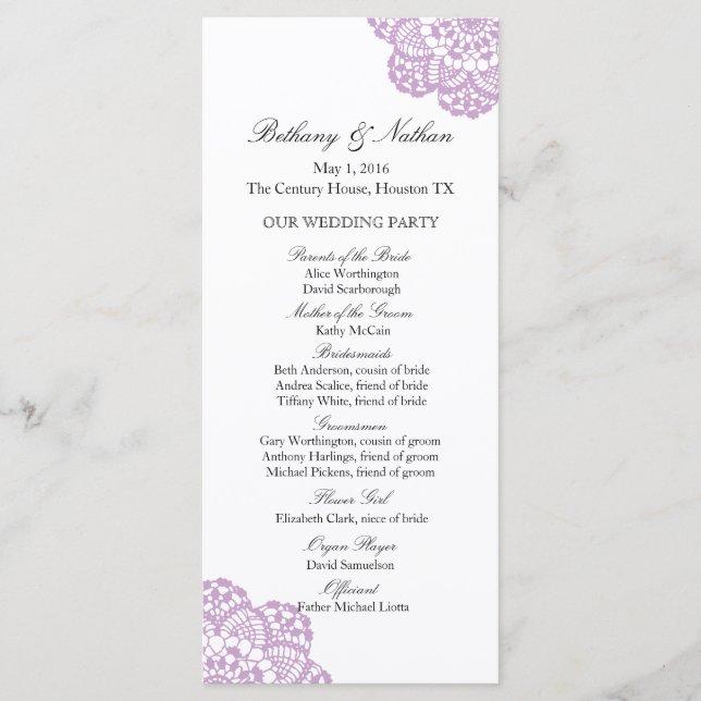 Programa Lilac Purple Lace Doily Weding Program (Frente)