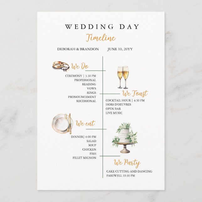 Programa Linha do Tempo de Casamento em Aquarela Fofa e Pla (Frente)