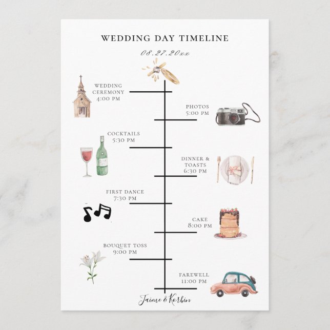 Programa Linha do Tempo do Dia de Casamento Ilustrado da Aq (Frente)