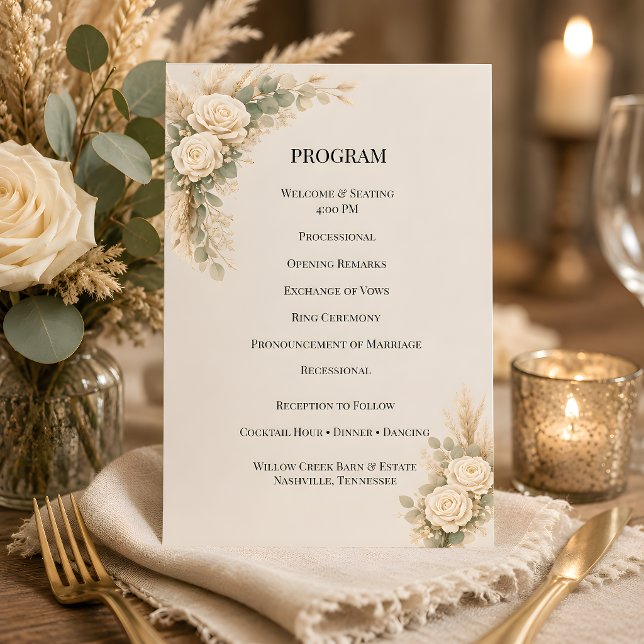 Programa Luxo Rústico Floral Com Grama Pampas (Part of the luxury rustic wedding theme collection, program card)