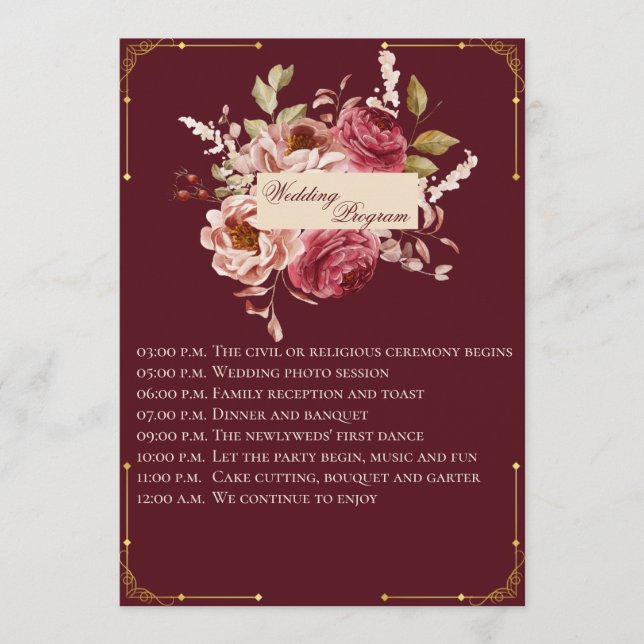 Programa Luxury Burgundy and Gold Floral Wedding Program (Frente)