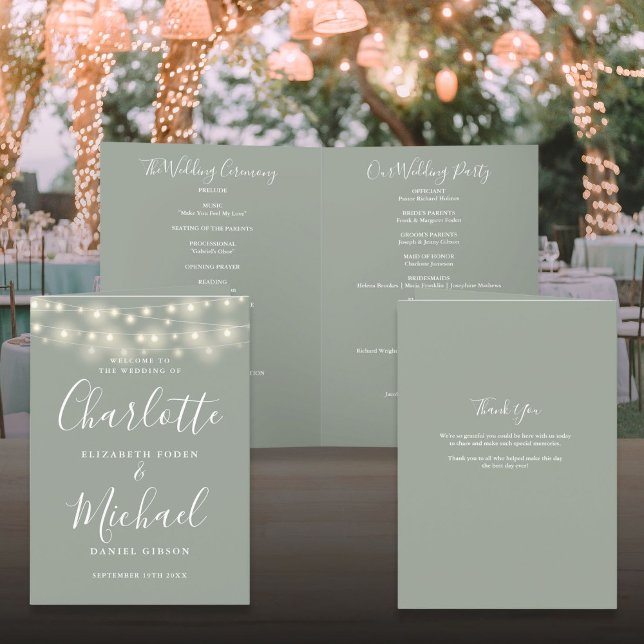 Programa Luzes de Corda Verde Salvia Elegante Casamento de  (String Lights Sage Green Elegant Script Wedding Program)