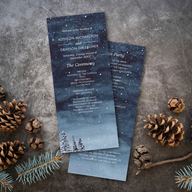 Programa Marinho Azul Neve Inverno Noite de Inverno Casamen (Winter wonderland watercolor snow night wedding program card for and elegant winter wedding day.)