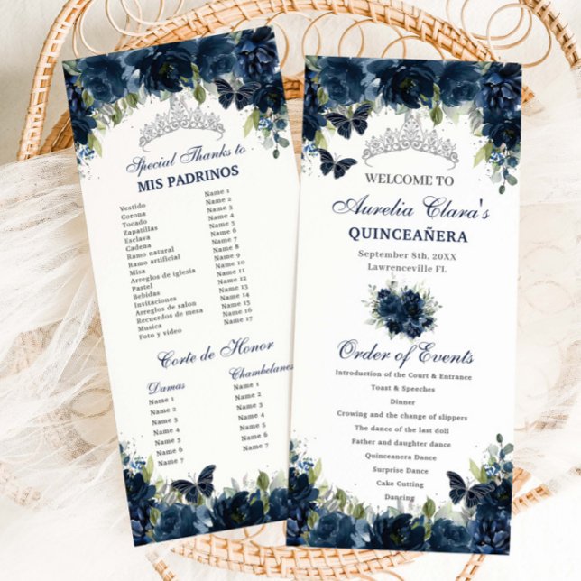 Programa Marinho Blue Floral Silver Quinceañera Ordem do Ev (navy-blue-floral-silver-butterflies-quinceanera-sweet-16-birthday-slim-program-order-events-cards)